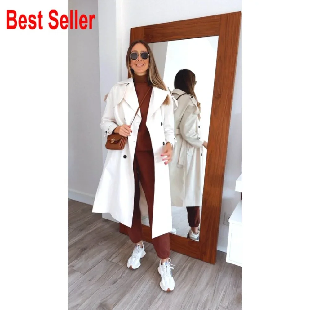 Oversized Long Trench Coat Double Breasted Lapel Windproof Overcoat with Belt - Picture 7 of 7